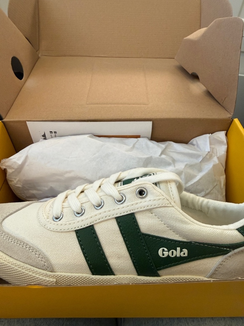 Gola Off-White Canvas Sneaker with Dark Green Stripes